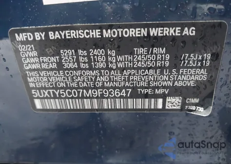 2021 BMW X3 xDrive30I from USA, damaged, VIN 5UXTY5C07M9F93647